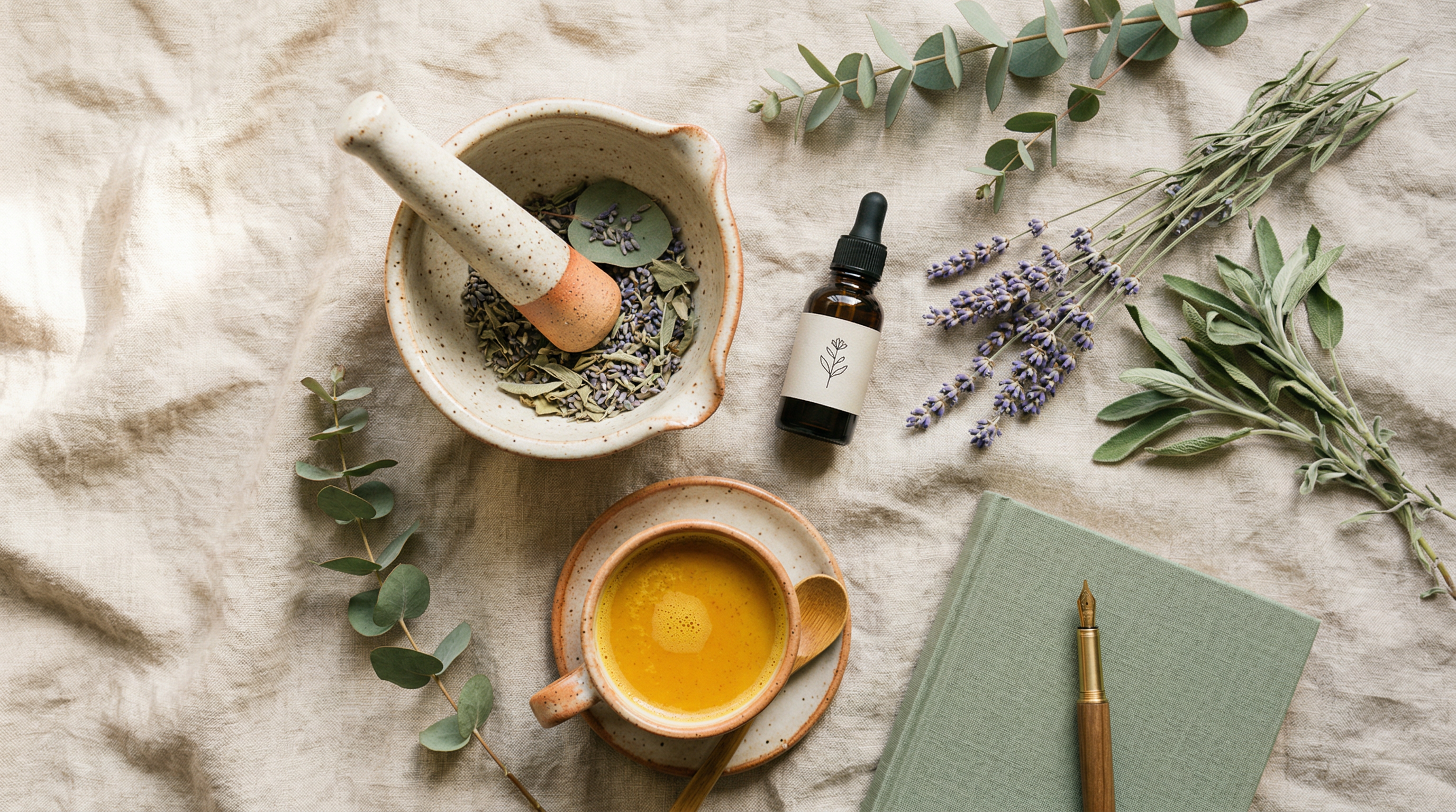 Wellness flat lay with botanicals, essential oils, turmeric tea and herbs